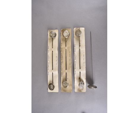 A collection of early 20th century steel 'Norene'/pomander safety hat pins, including three pairs, embossed with Art Nouveau 