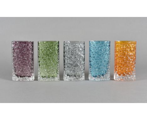 Geoffrey Baxter for Whitefriars, five Textured glass range square 'Nailhead' purse vases pattern 9685, 11.5 cm, in Aubergine,