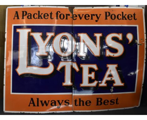 Ephemera, two enamel signs, to include a Lyons Tea in two pieces 150 cm x 102 cm, a Simonds 'The Hop Leaf' 91  cm x 75 cm (af