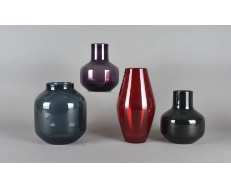 Geoffrey Baxter for Whitefriars, a group of 1960's Soda glass items comprising  9596 Barrel, 24 cm in Ruby, a 9601 Drum, 19 c