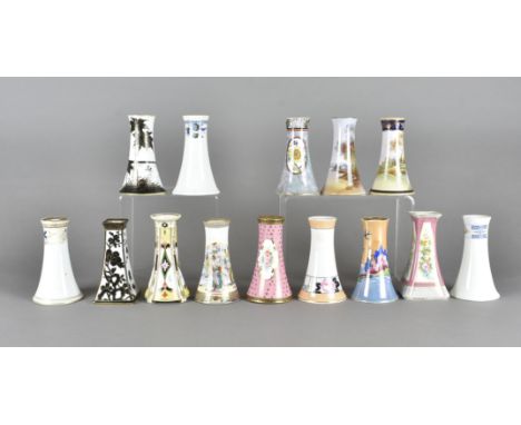 A collection of 14 Noritake hatpin holders, all tapering form, decorated with flowers, landscapes and figures, heightened in 