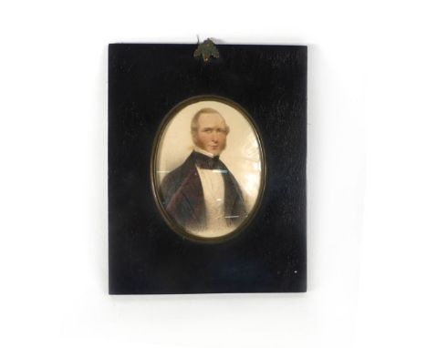 A late 19th century miniature watercolour head and shoulders portrait of Francis Hargreaves, Liverpool 1886, taken from a pho