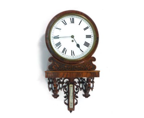 A 19th century wall clock and thermometer, the enamelled face with Roman numerals within a mahogany case of foliate design, h
