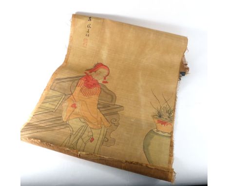 A 19th century Chinese scroll painted with a female figure at rest holding an opium pipe in a traditional interior, 88 x 48 c
