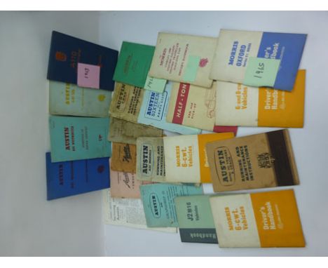 A Collection Vintage Car Handbooks & Manuals featuring : Austin "Twelve", Austin Sixteen, Austin A40 Mk.1;  Austin A99 & A110