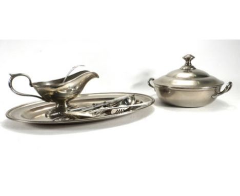 A small selection of silver plated items including an oval galleried tray, flatware and other items, together with a small gr