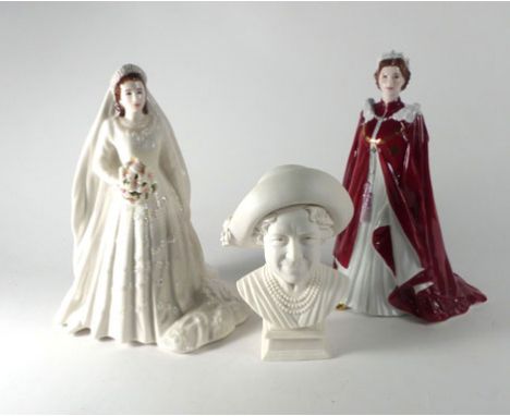 Two Royal Worcester figures, both modelled as Queen Elizabeth II commemorating the Diamond Wedding Anniversary and the Queens