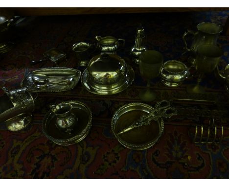 A group of 19th century and later silver plated items including a tea caddy, a salt scuttle, a coaster, a pair of grape shear