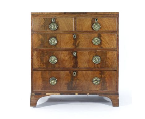 A 19th century mahogany, crossbanded and strung chest of two short and three long graduated drawers on bracket feet, w. 100 c