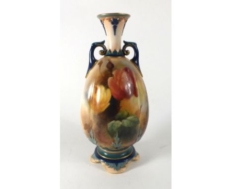 A Royal Worcester 'Hadley Ware' two handled vase and cover of ovoid form, typically decorated with roses in bloom, h. 18.5 cm