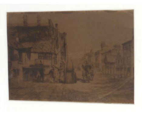 After William Monks (1863-1937),a study of a 19th century town street,etching,17 x 25 cm, together with two others by the sam