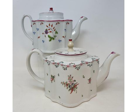 An early 19th century New Hall serpentine teapot decorated sprigs, 16 cm high, and another similar, both restored (2) 