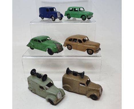 A Dinky Toys Chrysler Airflow salon, green, 30A, two loud speaker vans, and three other vehicles (6) 
