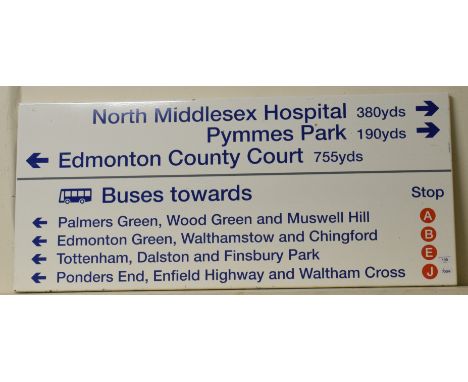 London Transport - Enamel sign displaying bus routes and directions to points of interest in the North London region, 54 x 12