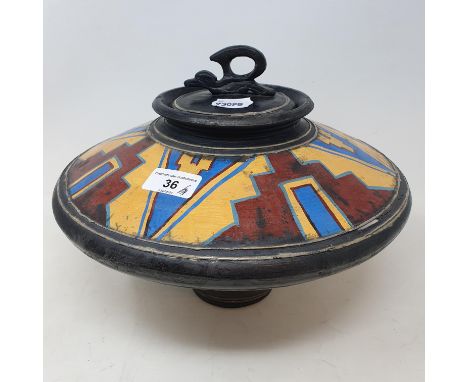 A John Bedding (British, b.1947) large raku jar decorated with a continuous geometric band, impressed seal mark to base, 22 c