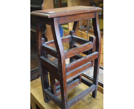 A metaphoric stool/steps, 41 cm wide, a stripped pine table, 96 cm wide, a Chinese carved camphor wood chest, 89 cm wide, a b