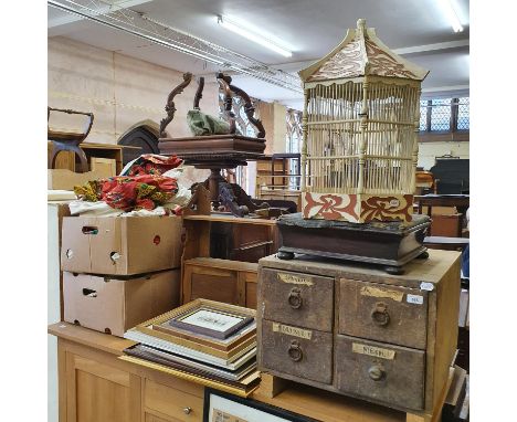 A small chest, of four drawers, 52 cm wide, a birdcage, a stool, a hanging shelf, 58 cm wide, a tea table, a mahogany sideboa