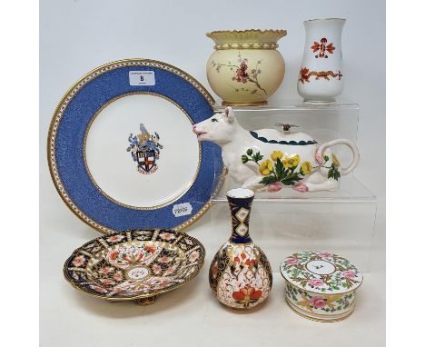 A Wemyss pottery cow creamer and cover, with impressed and script marks B Adams EXON 723, 11 cm high, a Royal Worcester blush
