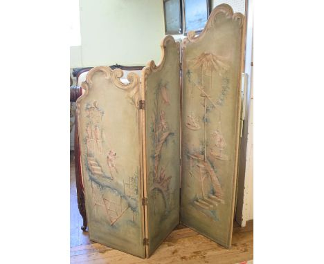A three panel screen, painted in the oriental manner, and a crewelwork style wall hanging 