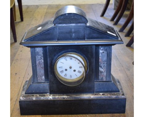 A 19th century polished slate mantle clock an oak and metal bound surveyors tripod and various instruments 