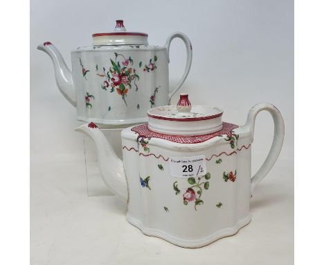 An early 19th century New Hall serpentine teapot decorated sprigs, 16 cm high, and another similar, both restored (2) 