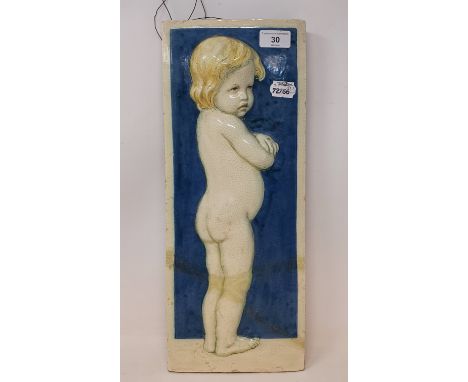 A Della Robia pottery plaque, decorated a child, signed in script D (painted ship) R 14 Morte (?) C, and incised 64, bottom s