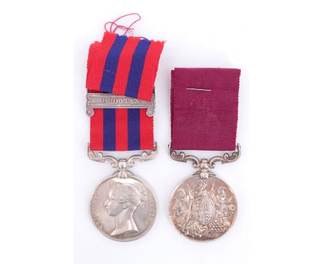 An Indian Mutiny Medal with Bhootan clasp, un-named, and Army Long Service and Good Conduct Medal impressed to 3991 Pte M Bur