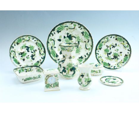 Mason's Ironstone Chartreuse ware including two vases, three plates, a clock etc, together with a Mason's Penang jug 12 cm