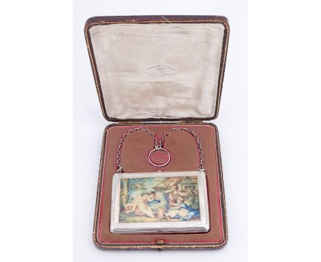 An early George V silver ring purse, engine turned, the front bearing a celluloid scene of babies playing in a garden in fron