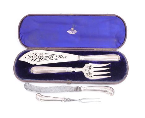 A cased set of Victorian silver fish servers, having plain moulded handles, the fork and blade having pierced and engraved fl