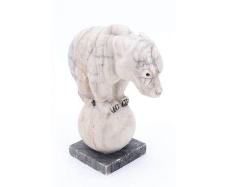 An Art Deco carved alabaster sculpture of a bear balancing on a ball, circa 1920s - 1950s, 18 cm 