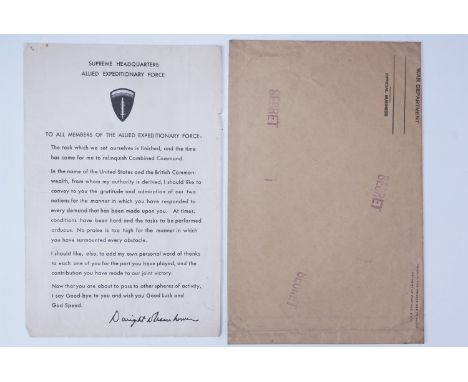 A Second World War printed leaflet addressed to "All members of the Allied Expeditionary Force" by Supreme Headquarters on be