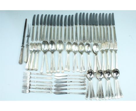 A Walker &amp; Hall Art Deco electroplate cutlery service for twelve settings, having terminals engraved "H", formerly of the