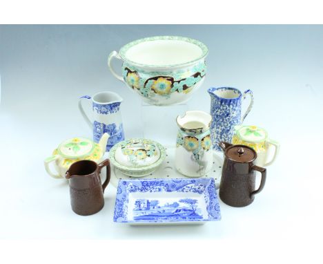 A quantity of Victorian and later ceramics, including a transfer decorated foot bath, Spode Italian blue and white, Peerless 