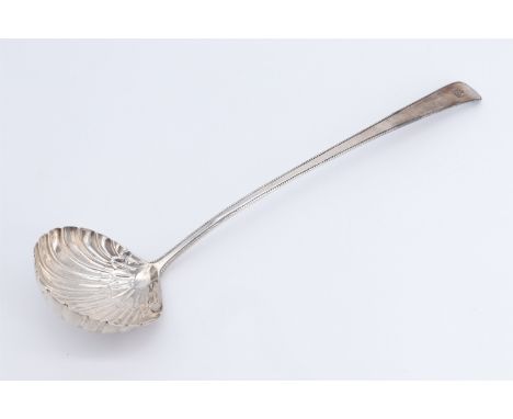 A Georgian silver soup ladle, having a shell form bowl, an Old English pattern handle with beeded edge, and bearing an engrav