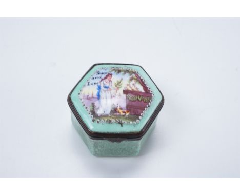 An 18th Century Bilston enamel pill box, of hexagonal form, the top having a classical lady in a garden holding a laurel bran