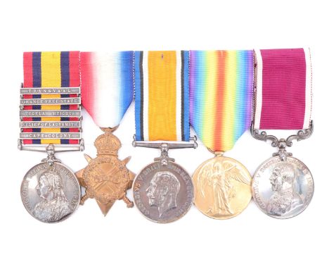 A Boer War, Great War and army long service medal group, to 5708 Pte G Hunniset, 1st Border Regt