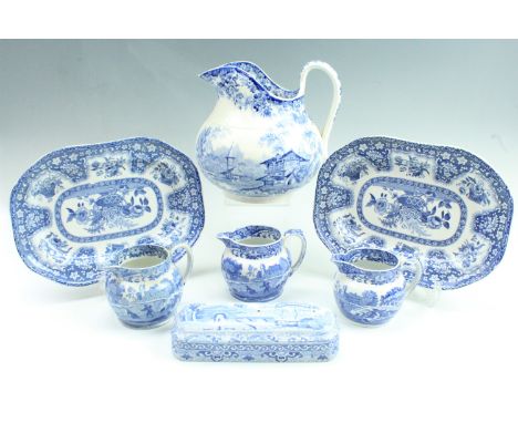 A 19th Century Spode tooth brush holder, two Copeland dishes, three Copeland Spode " Italian " jugs and a large Minton jug, 2