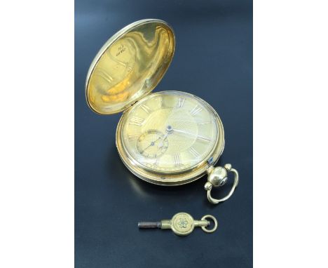 An Edwardian 18 ct gold hunter pocket watch, the fusee movement signed L and E Mason, Worcester, No. 11335, gold engine turne