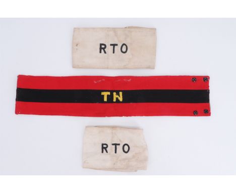 An early-to-mid 20th Century British army General Staff officer's brassard together with two RTO embroidered arm bands