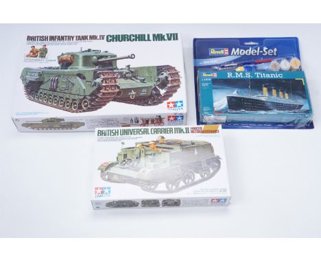 Two Tamiya British Army tank 1:35 scale model kits, together with a Revell R.M.S Titanic 1:1200 scale model set 