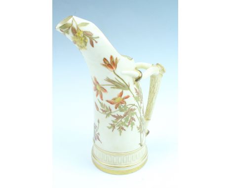 An early 20th Century Royal Worcester tusk jug / ewer, having an antler handle and floral decoration, body number 1116, 23 cm