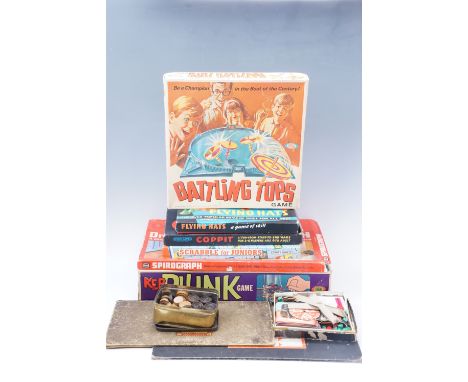 Sundry vintage board games, including Battling Tops, KerPlunk, checkers etc.