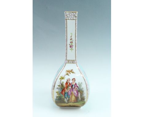 An early 20th Century Dresden bottle vase, of square section and having alternating polychrome enamel scenes of 18th Century 