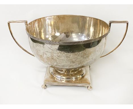 HM SILVER TWIN HANDLED TROPHY INSCRIBED P.A BAYMAN ESQ - APPROX 52 OZ 20.5CMS (H) APPROX