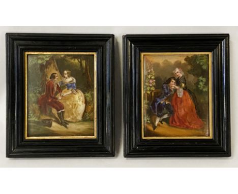PAIR OF PAINTED FRAMED PICTURES ''A COUPLE IN GARDEN'' 13CMS X 10.5CMS INNER FRAME 
