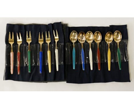 6 SILVER ENAMEL TEASPOONS &amp; 6 FORKS OF THE SAME 4OZS APPROX