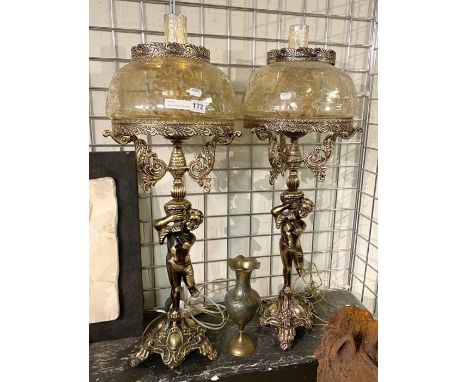 PAIR OF CHERUB TABLE LAMPS WITH GLASS SHADE 82CMS (H) APPROXThe glass shades have no cracks or damage, as far as we are aware