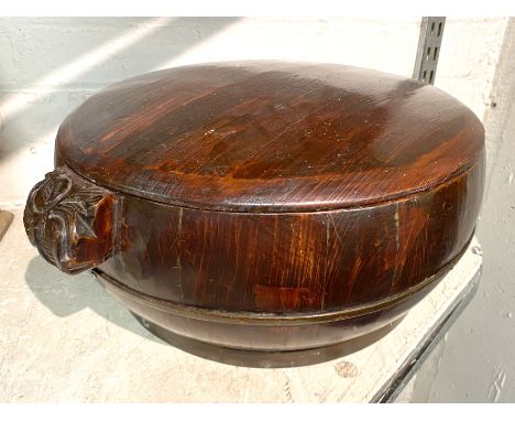 CHINESE VINTAGE WOODEN ROUND RICE CONTAINER WITH CARVED HANDLES 20CMS (H) APPROX