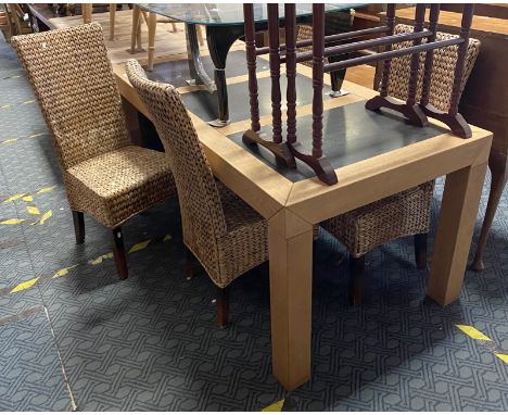 LIGHT OAK DINING TABLE WITH 3 MARBLE SECTION &amp; FOUR RATTAN CHAIRS